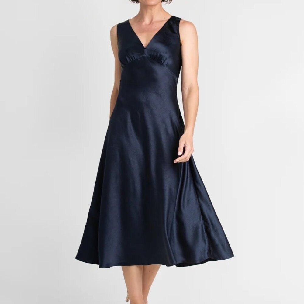 MARGARET O'LEARY Darya Double V Neck Dress Dk Navy